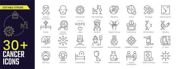 Cancer Stroke icon collections. Containing Cancer Awareness, Research, Survivor, Fundraising, DNA Mutation, CT Scan, Health Checkup, and Cancer Care icons. Editable Stroke icon collection Outline icon