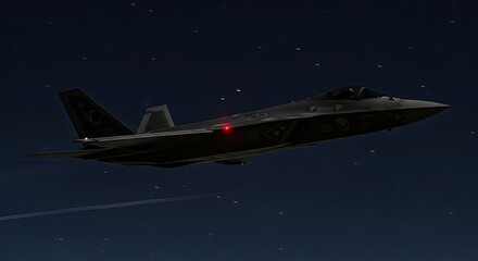 Obraz premium Advanced 5th generation stealth fighter jet on a covert military mission, flying through a dark starry sky. Air Force combat aircraft conducting a secret night operation.