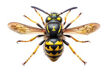 Detailed Macro Photograph of a Wasp Top Down View Studio Lighting Black Background Yellow Black Stripes Insect Wings Legs Antennae A I Generated isolated on a transparent background