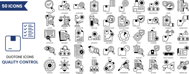 Quality control icon set in duotone style. Containing evaluation, inspection, product, quality, process, testing and more. Vector illustration