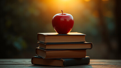Crimson Apple on Books - Golden Hour Still Life, Quiet Contemplation