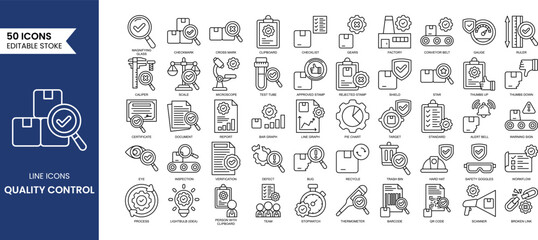 Quality control line editable icon set. Containing evaluation, inspection, product, quality, process, testing and more. Vector illustration