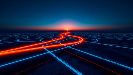 Geometric Twilight Landscape with Vibrant Light Trails Across Asphalt