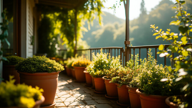Mossy Terracotta Pots with Ivy on Sunny Balcony - Tranquil Botanical Scene - Powered by Adobe