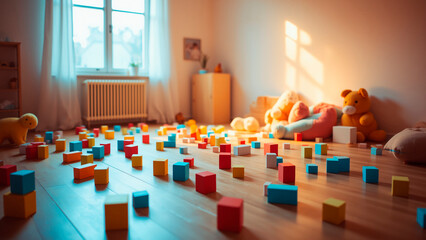 Obraz premium Pastel Building Blocks and Plush Toys Create Serene Playroom Ambiance