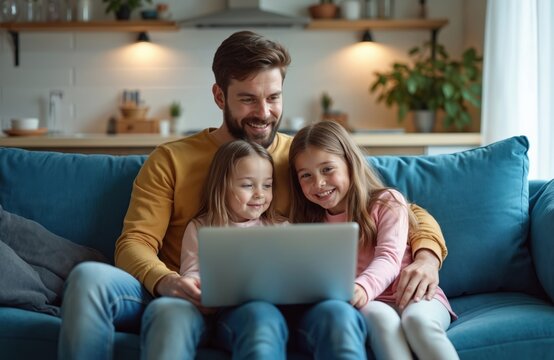 Father with two daughters watch film on laptop. Family time together at home. They enjoy using tech, sitting couch. Parents spend time with kids. Happy people look at computer screen.