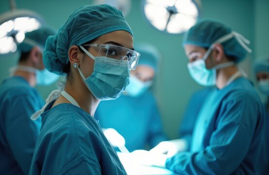 Portrait of female surgeon wearing scrubs and protective glasses in hospital operating theater. Medical team in surgical masks and caps. Medicine professionals perform medical operation procedure.
