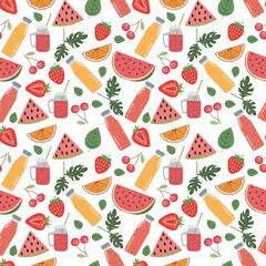 Watermelon half and sliced, strawberry, orange slices and bottles juice