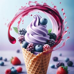 Delicious berry soft serve ice cream cone