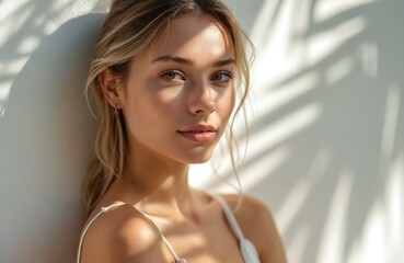 Young woman portrait with shadows of palm leaves on white wall. Natural light, sunlight creates shadows on face. Beauty, spa, wellness, fashion. Minimalist, stylish, modern, elegance, summer mood.
