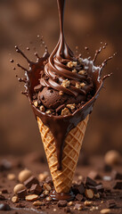 Delicious chocolate ice cream cone meltdown