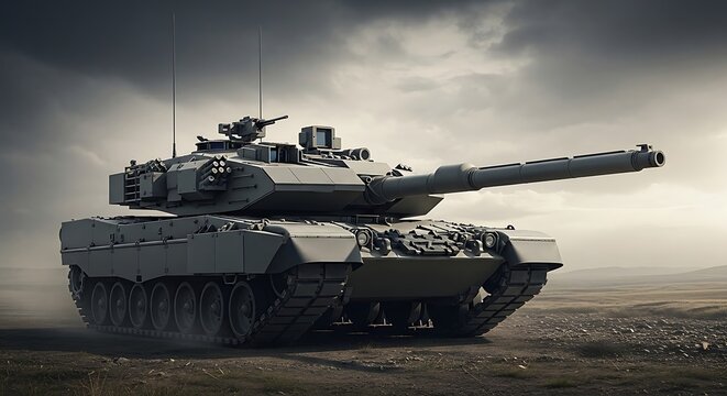 Cinematic view of a powerful main battle tank on a desolate battlefield. Advanced armored vehicle with cannon prepared for combat under a dramatic overcast sky.