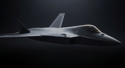 Sleek stealth fighter jet with a futuristic design flying on a dark background. A concept of a modern tactical combat aircraft representing advanced military aerospace technology and air superiority.