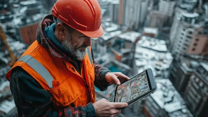 Construction Worker Tablet City Rooftop Winter. - Powered by Adobe