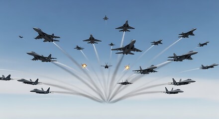A powerful squadron of modern military fighter jets executing a complex aerial maneuver in a symmetrical formation, with explosions indicating a dramatic dogfight or military exercise.