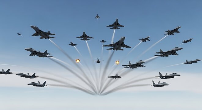 A powerful squadron of modern military fighter jets executing a complex aerial maneuver in a symmetrical formation, with explosions indicating a dramatic dogfight or military exercise.