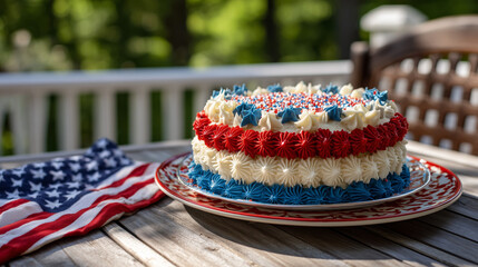 Red, White, and Blue Cake on Stars and Stripes Tray – Patriotic Icing under Maple Tree in Morning Sunshine