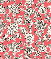 Floral seamless pattern with big flowers and Vector illustration.seamless floral watercolor pattern with garden pink, flowers roses, leaves, branches. Botanic tile, background.