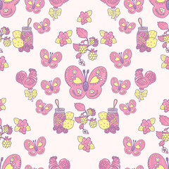 Pink butterflies pastel pink folk pattern. Sweets, jam, yellow raspberries, lemon illustration. Children berry botanical print on white backdrop