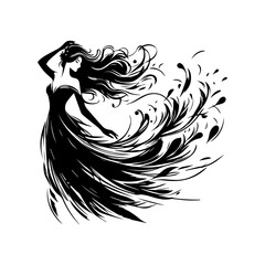 Obraz premium Elegant woman in flowing dress, hair and gown blending with stylized floral patterns, creating a graceful, ethereal silhouette.