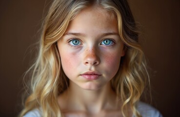 Portrait young girl with long blond hair. Blue eyes. Beautiful young female with freckles on face. Serious stare, pensive look, contemplation. Teen emotion, anxiety, thoughtfulness.