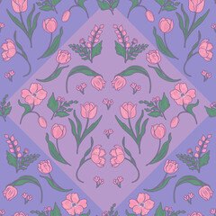 Floral purple folk pattern. Fairy pink tulip garden illustration. Baby lilac lavender botanical print.