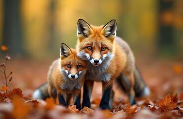 Fototapeta premium Two cute red foxes in fall forest. Close up portrait of adult fox and cub in orange autumn leaves, wildlife scene. Beautiful animals, Vulpes vulpes. Fall season mood, wild nature habitat.