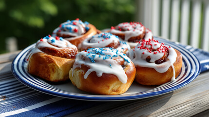 Red, White and Blue Cinnamon Rolls on Patriotic Tray – Morning 4th of July Breakfast Under Maple Tree