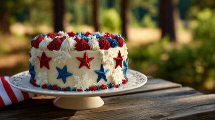 Red, White, and Blue Cake on Stars and Stripes Tray – Patriotic Icing under Maple Tree in Morning Sunshine