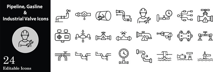 Pipeline gasline industrial valve and engineer icon set representing plumbing energy and industrial systems in simple outline style