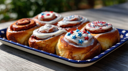 Red, White and Blue Cinnamon Rolls on Patriotic Tray – Morning 4th of July Breakfast Under Maple Tree