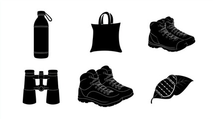 Eco Travel Black Silhouette Vector Set - 6 Minimal Icons: Reusable Bottle, Tote Bag, Hiking Boots, Leaf Snack, Solar Charger, Binoculars for Sustainable Tourism
