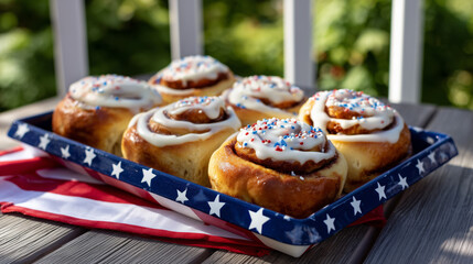 Red, White and Blue Cinnamon Rolls on Patriotic Tray – Morning 4th of July Breakfast Under Maple Tree