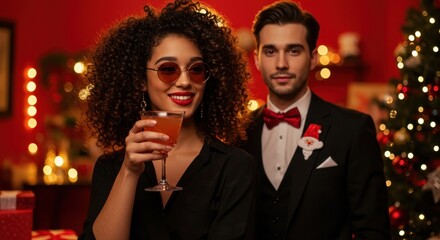 Romantic young couple in elegant black celebrating at a vintage night party with champagne