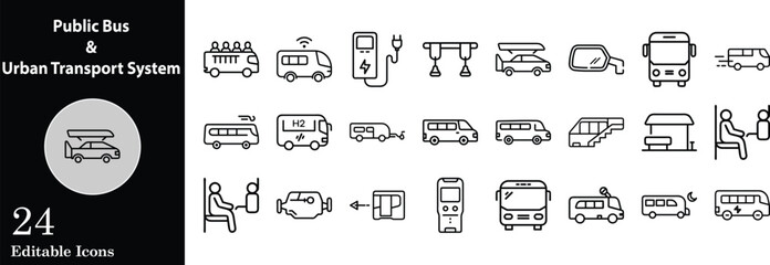 Public transportation line icons urban mobility bus electric hydrogen car and passenger editable icon set © Digital