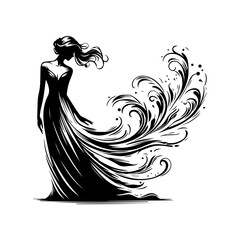 Fototapeta premium Elegant woman in flowing gown, ornate floral train, black and white illustration.