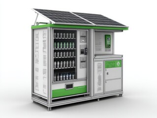 A technical diagram of a solar-powered outdoor vending machine selling fresh food, showing a refrigerator and a digital payment system in the context of an urban lifestyle