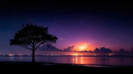 Naklejka premium Silhouetted tree by a tranquil body of water at night, vibrant colors in the sky