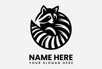 Black and white logo featuring a stylized raccoon in a circular design.