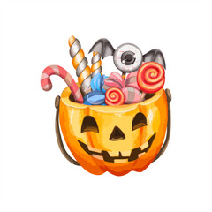 Halloween Pumpkin Bucket with Candy and Eyeball – Cute Watercolor. Festive Halloween pumpkin bucket filled with candy, lollipops, and an eyeball treat. Watercolor clipart with transparent background.
