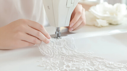 Female seamstress using sewing machine to create intricate lace designs, showcasing craftsmanship and attention to detail in a bright, well-lit workspace filled with fabric