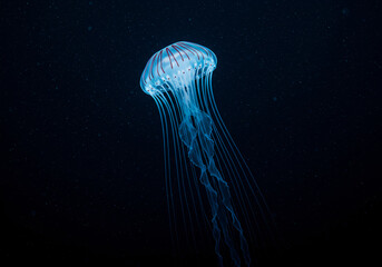 Ultra-realistic bioluminescent jellyfish photography, deep sea darkness with electric blue glow, macro lens detail, tentacles trailing light particles, National Geographic style, mysterious abyss back