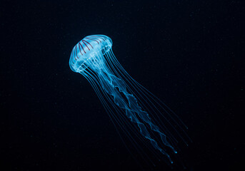 Ultra-realistic bioluminescent jellyfish photography, deep sea darkness with electric blue glow, macro lens detail, tentacles trailing light particles, National Geographic style, mysterious abyss back