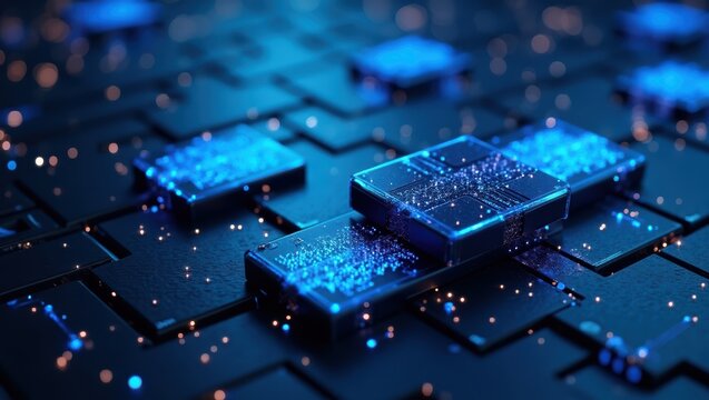 Abstract futuristic technology background with glowing blue data cubes - Powered by Adobe