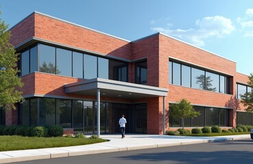 Naklejka na ściany i meble Modern medical office building exterior. Brick corporate facility for headquarters. Pro workplace environment, health care clinic. Clean, contemporary architecture, inviting medical center for