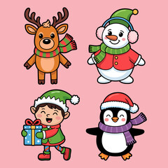 Fototapeta premium Cute Christmas Holiday Characters Vector Illustration Set
