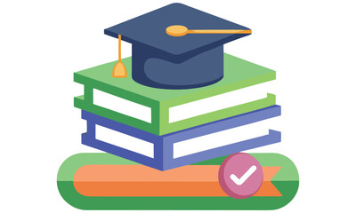 Graduation cap on stack of books with check mark isolated on white background