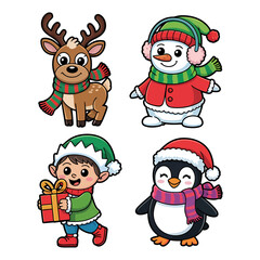 Fototapeta premium Cute Christmas Holiday Characters Vector Illustration Set