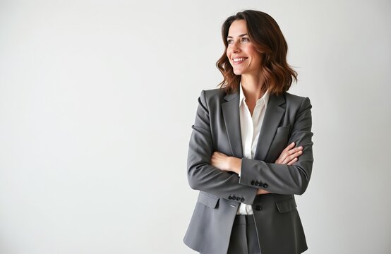 Portrait business woman with crossed arms, dressed in formal suit. Smiling female executive looks away. Confidence, success, career, leadership, pro, positive attitude, business lifestyle concept.