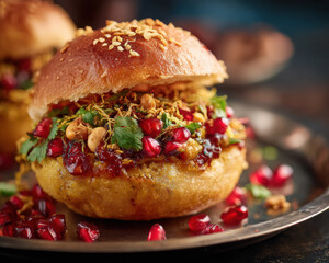 Close-Up of Spicy Dabeli with Mashed Potato, Pomegranate, Sev, and Chutney